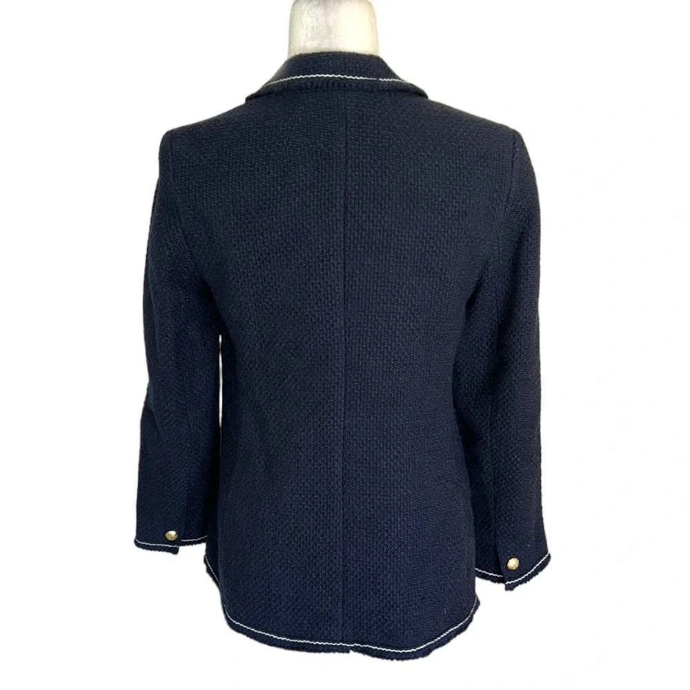 Talbots Navy Blue & White Tweed Gold Crested Button Blazer - 6 - Picture 8 of 14